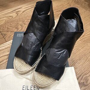 'Willow' Espadrille Wedge Sandal, Eileen Fisher, Black Leather, Size 8